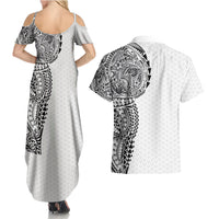Hawaiian Traditional Tattoos Couples Matching Summer Maxi Dress and Hawaiian Shirt Kakau Tribal Tropical Plant Motif White Color LT03 - Polynesian Pride