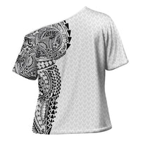 Hawaiian Traditional Tattoos Cross Shoulder Shirt Kakau Tribal Tropical Plant Motif White Color