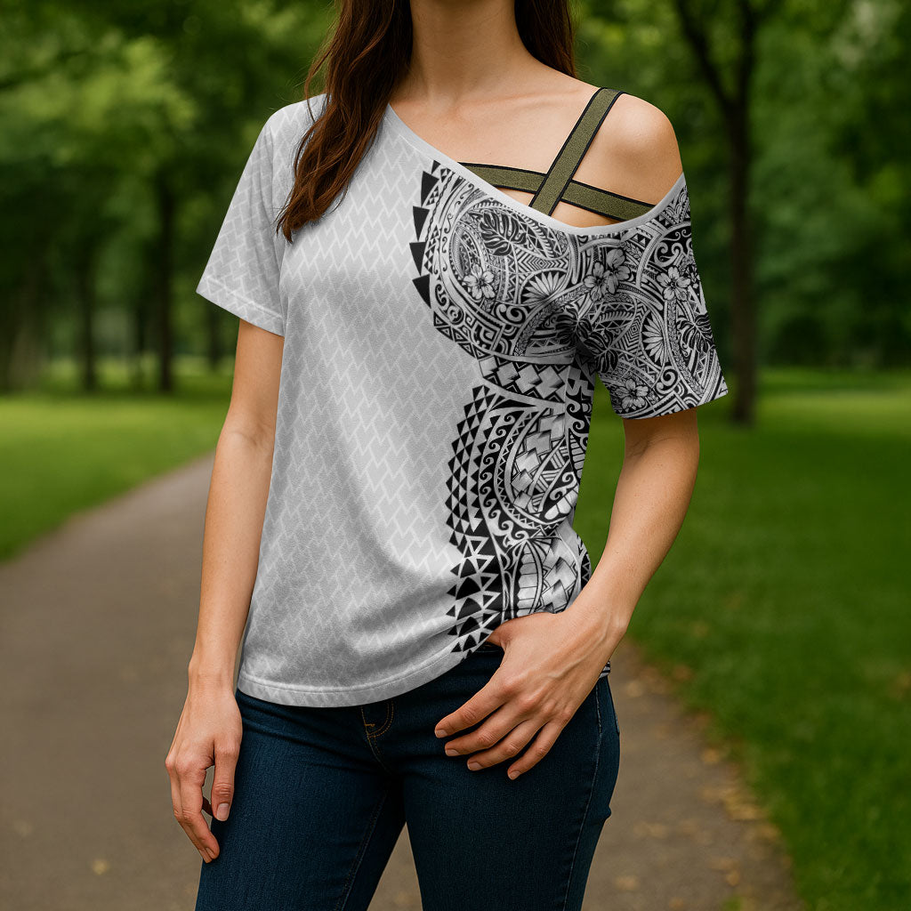 Hawaiian Traditional Tattoos Cross Shoulder Shirt Kakau Tribal Tropical Plant Motif White Color