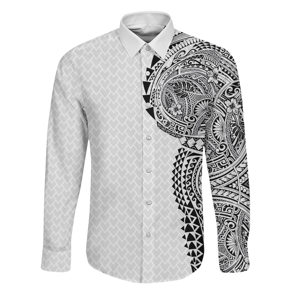 Hawaiian Traditional Tattoos Family Matching Off Shoulder Maxi Dress and Hawaiian Shirt Kakau Tribal Tropical Plant Motif White Color LT03 Dad's Shirt - Long Sleeve White - Polynesian Pride
