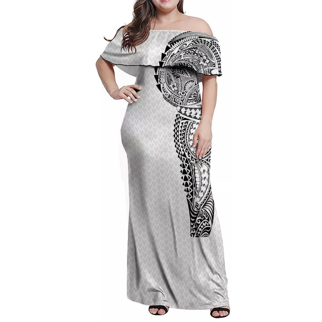 Hawaiian Traditional Tattoos Family Matching Off Shoulder Maxi Dress and Hawaiian Shirt Kakau Tribal Tropical Plant Motif White Color LT03 Mom's Dress White - Polynesian Pride