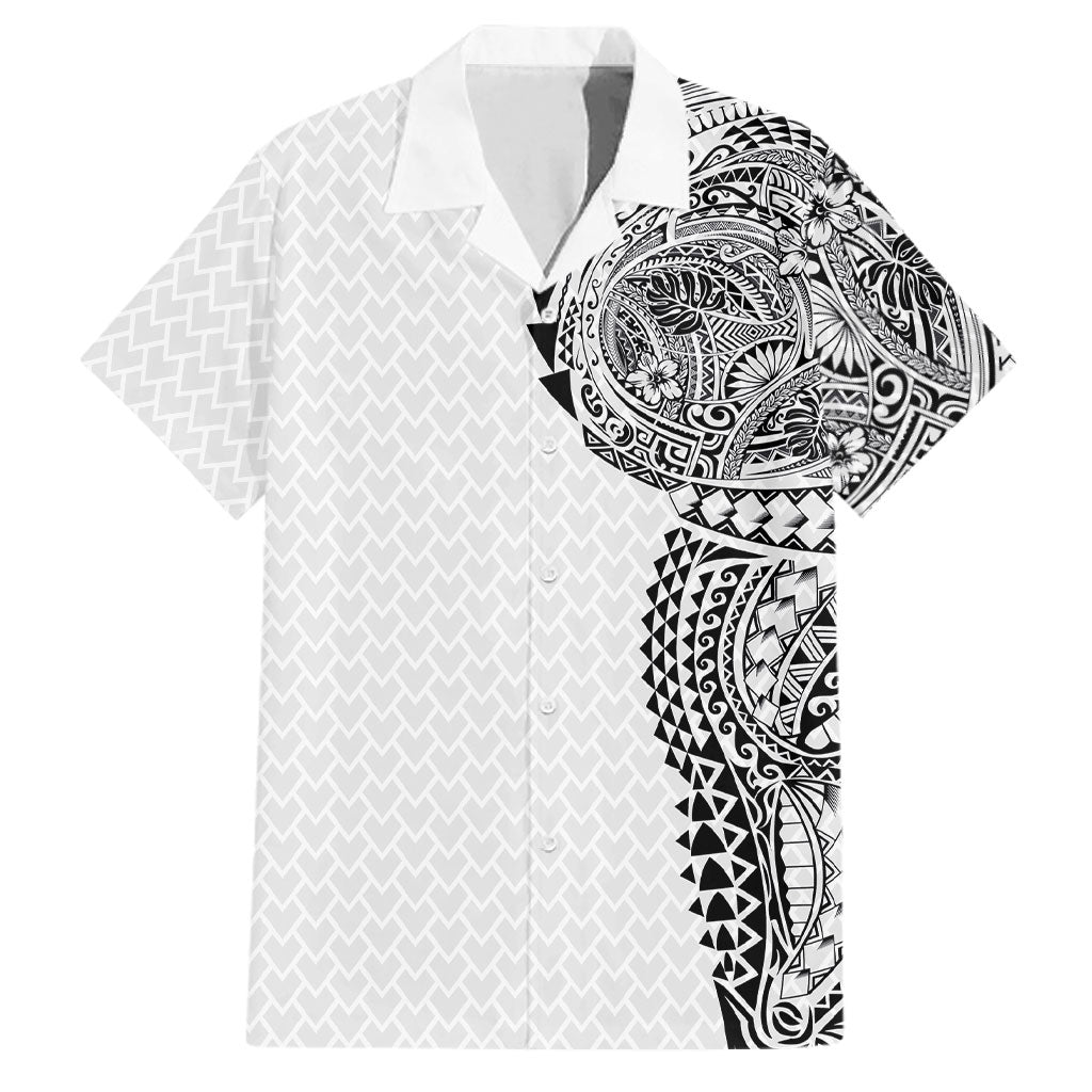 Hawaiian Traditional Tattoos Family Matching Short Sleeve Bodycon Dress and Hawaiian Shirt Kakau Tribal Tropical Plant Motif White Color LT03 Dad's Shirt - Short Sleeve White - Polynesian Pride