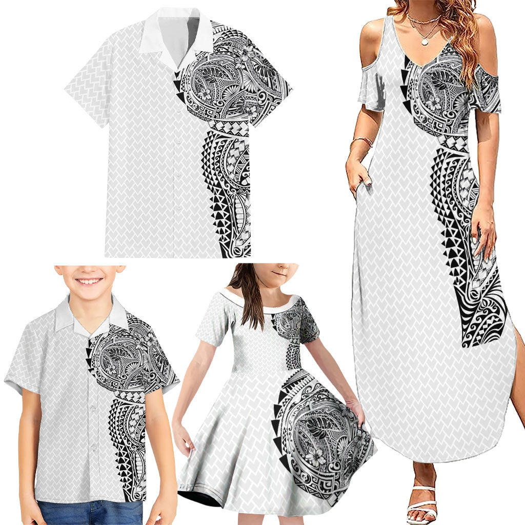 Hawaiian Traditional Tattoos Family Matching Summer Maxi Dress and Hawaiian Shirt Kakau Tribal Tropical Plant Motif White Color LT03 - Polynesian Pride