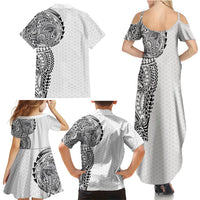 Hawaiian Traditional Tattoos Family Matching Summer Maxi Dress and Hawaiian Shirt Kakau Tribal Tropical Plant Motif White Color LT03 - Polynesian Pride