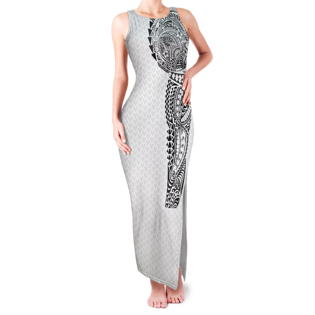 Hawaiian Traditional Tattoos Family Matching Tank Maxi Dress and Hawaiian Shirt Kakau Tribal Tropical Plant Motif White Color LT03 Mom's Dress White - Polynesian Pride