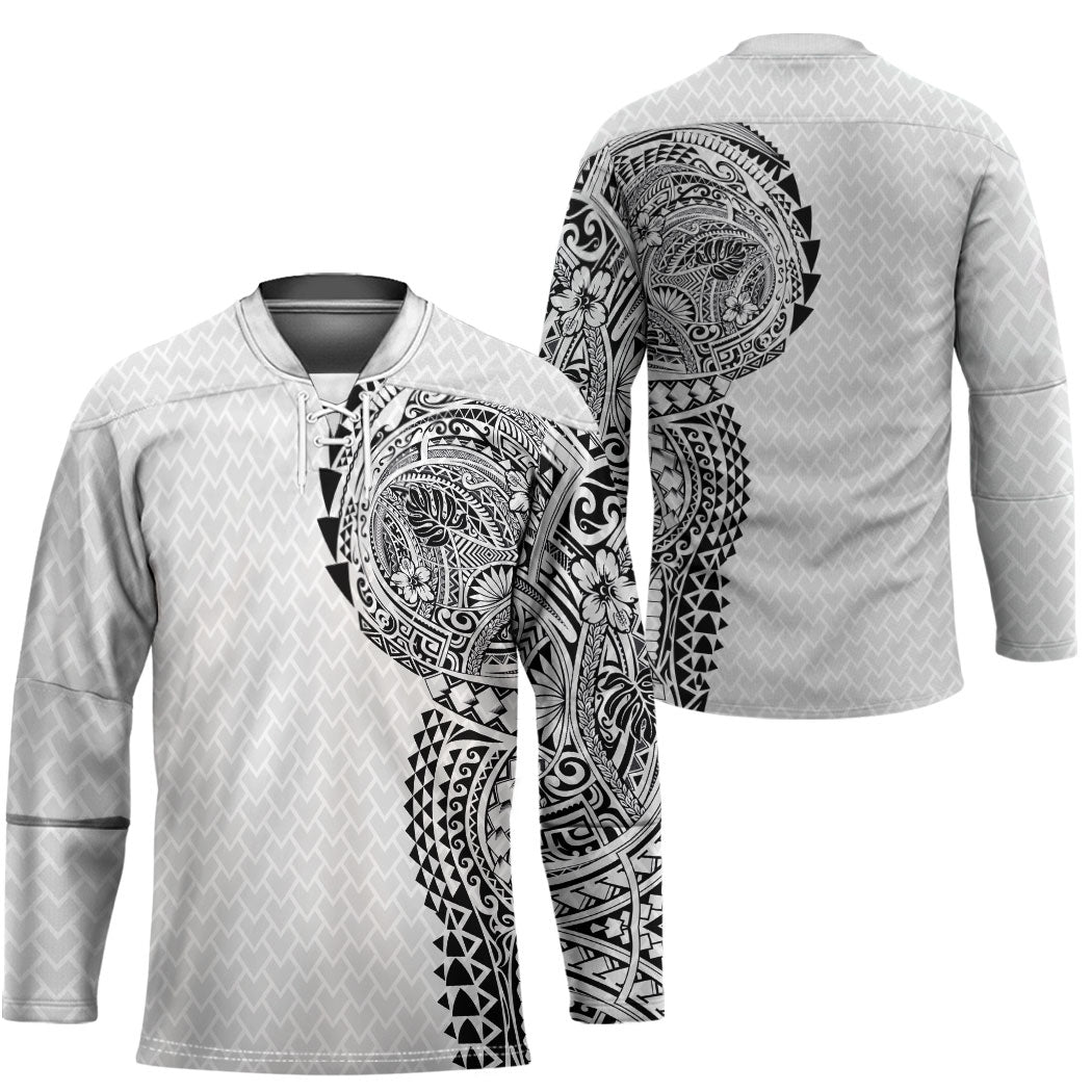 Hawaiian Traditional Tattoos Hockey Jersey Kakau Tribal Tropical Plant Motif White Color