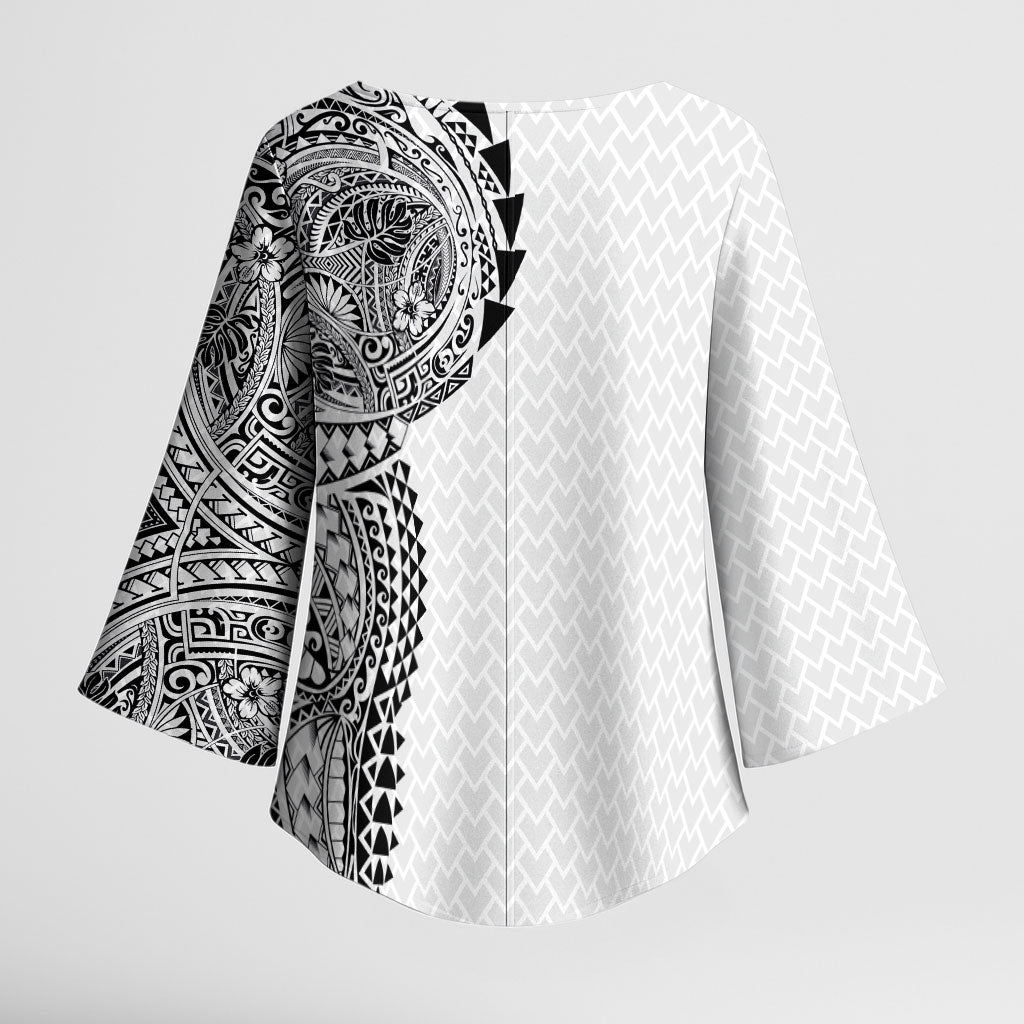 Hawaiian Traditional Tattoos Kimono Sleeve Blouse Kakau Tribal Tropical Plant Motif White Color
