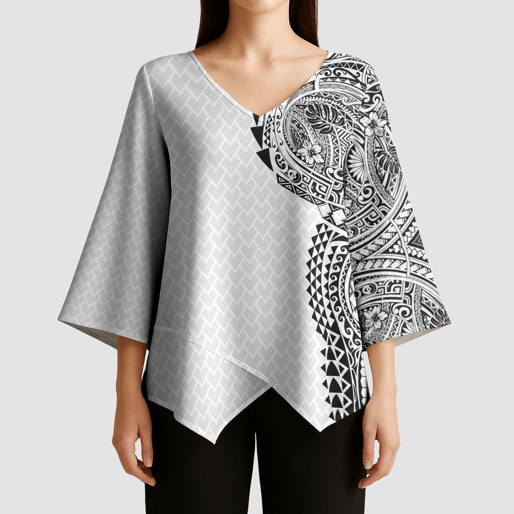 Hawaiian Traditional Tattoos Kimono Sleeve Blouse Kakau Tribal Tropical Plant Motif White Color