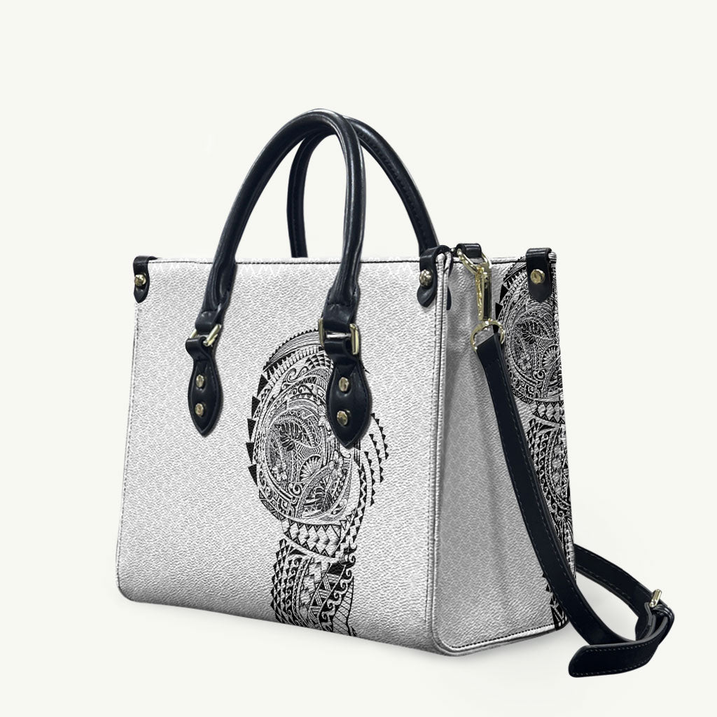 Hawaiian Traditional Tattoos Leather Bag Kakau Tribal Tropical Plant Motif White Color LT03 White - Polynesian Pride