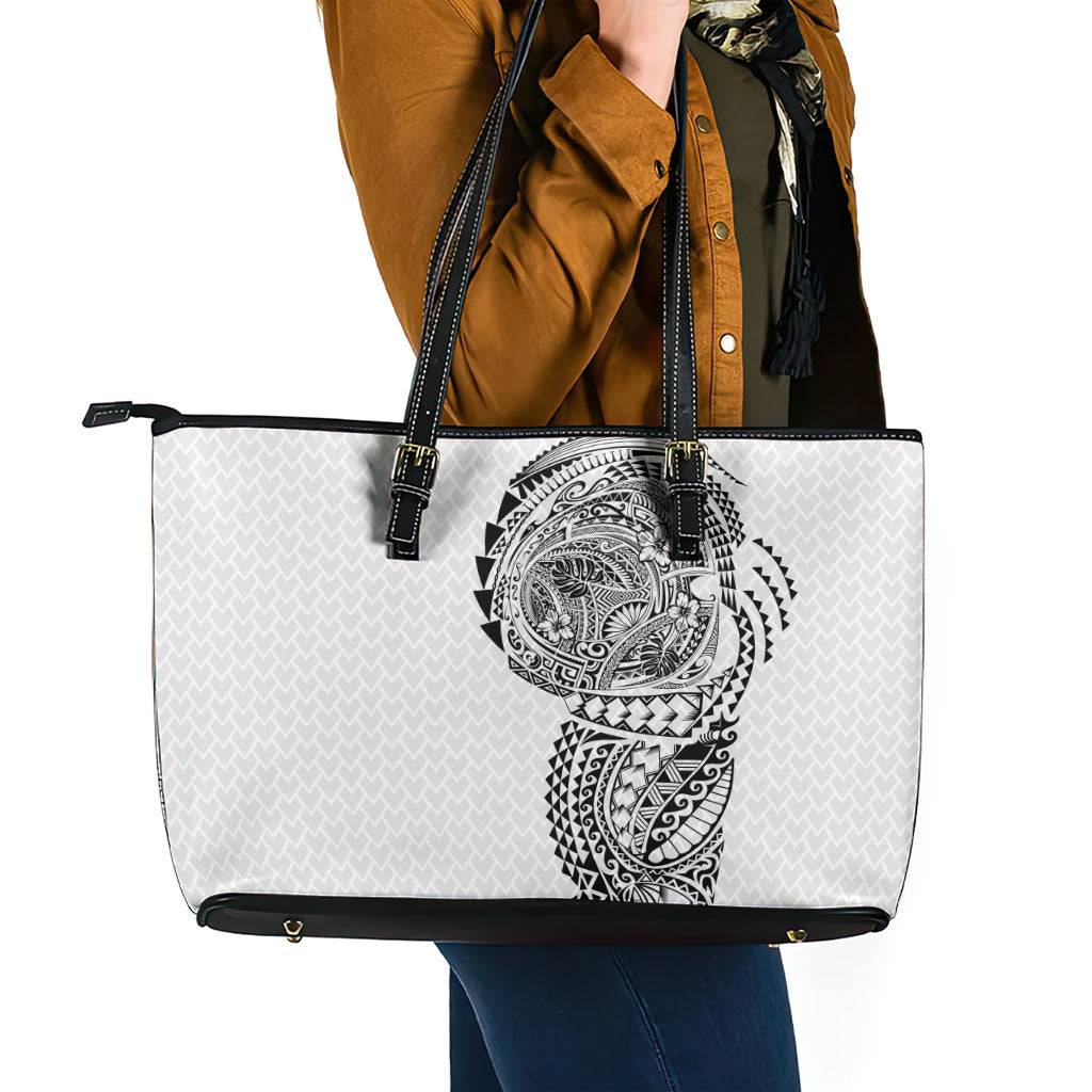 Hawaiian Traditional Tattoos Leather Tote Bag Kakau Tribal Tropical Plant Motif White Color