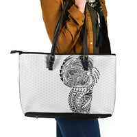Hawaiian Traditional Tattoos Leather Tote Bag Kakau Tribal Tropical Plant Motif White Color