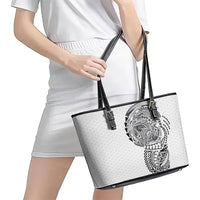Hawaiian Traditional Tattoos Leather Tote Bag Kakau Tribal Tropical Plant Motif White Color