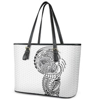 Hawaiian Traditional Tattoos Leather Tote Bag Kakau Tribal Tropical Plant Motif White Color
