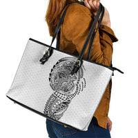 Hawaiian Traditional Tattoos Leather Tote Bag Kakau Tribal Tropical Plant Motif White Color