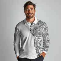 Hawaiian Traditional Tattoos Long Sleeve Polo Shirt Kakau Tribal Tropical Plant Motif White Color