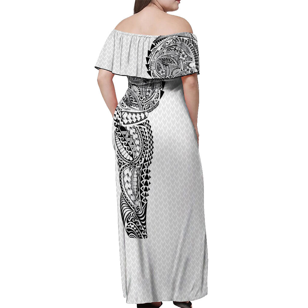 Hawaiian Traditional Tattoos Off Shoulder Maxi Dress Kakau Tribal Tropical Plant Motif White Color