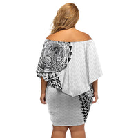 Hawaiian Traditional Tattoos Off Shoulder Short Dress Kakau Tribal Tropical Plant Motif White Color