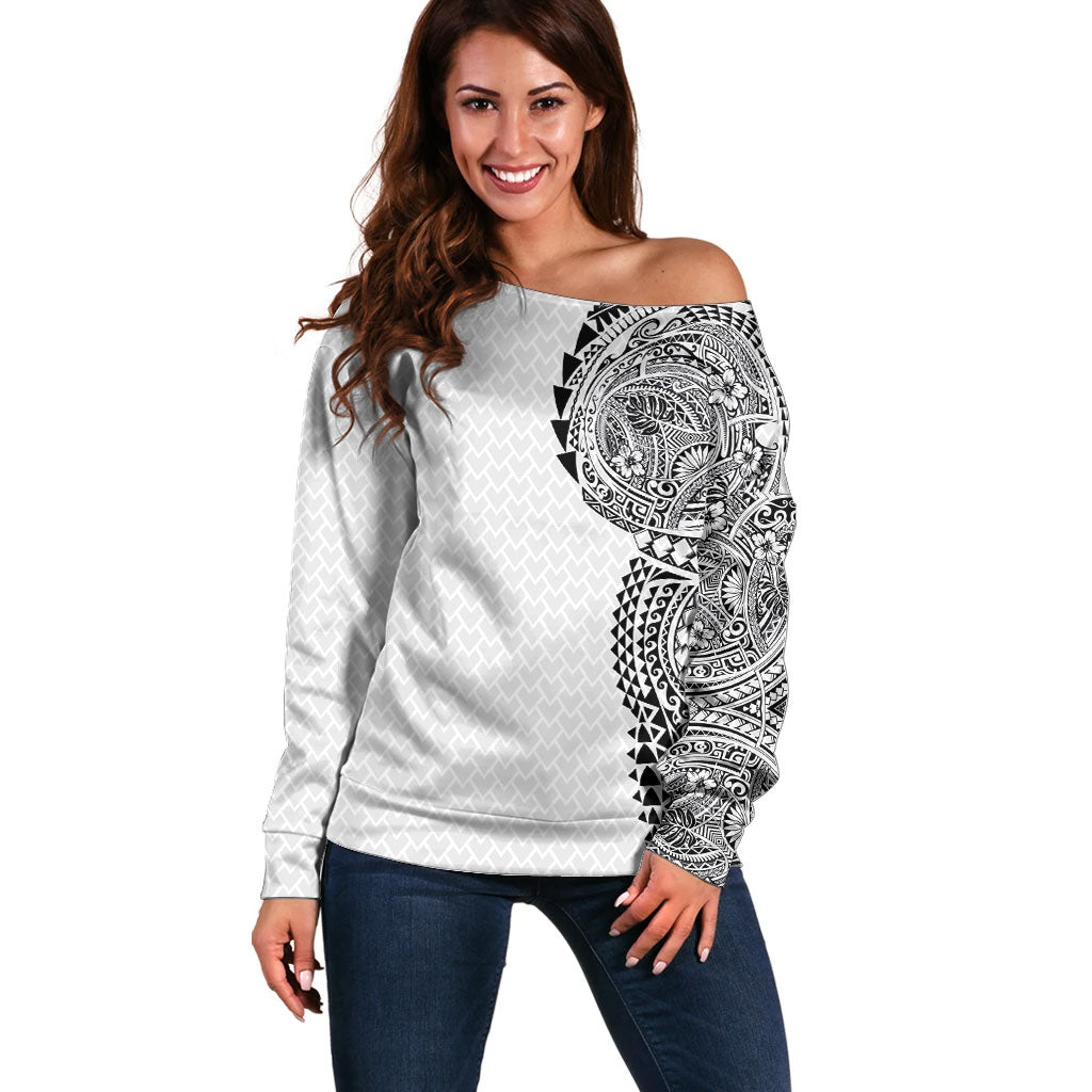 Hawaiian Traditional Tattoos Off Shoulder Sweater Kakau Tribal Tropical Plant Motif White Color LT03 Women White - Polynesian Pride