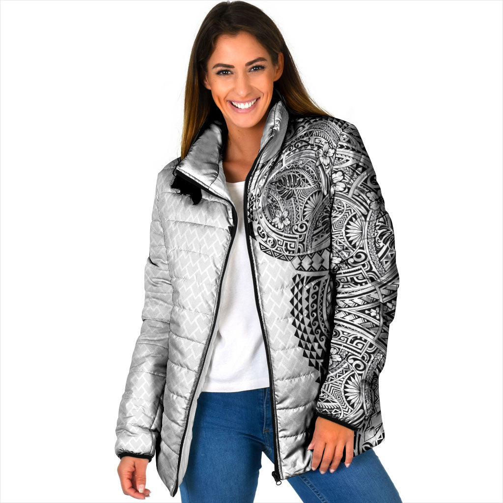 Hawaiian Traditional Tattoos Padded Jacket Kakau Tribal Tropical Plant Motif White Color LT03 Women White - Polynesian Pride