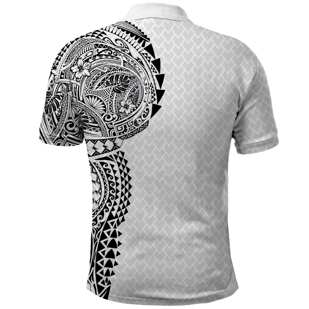 Hawaiian Traditional Tattoos Polo Shirt Kakau Tribal Tropical Plant Motif White Color