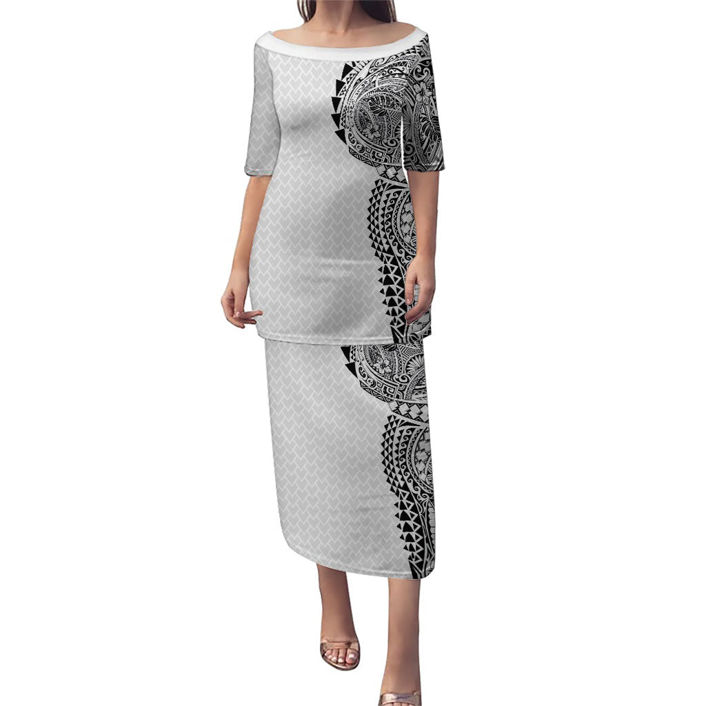 Hawaiian Traditional Tattoos Puletasi Kakau Tribal Tropical Plant Motif White Color LT03 Long Dress White - Polynesian Pride