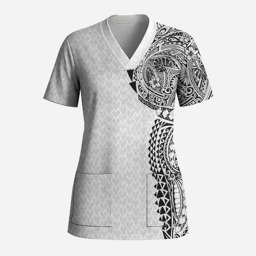 Hawaiian Traditional Tattoos Scrub Top Kakau Tribal Tropical Plant Motif White Color