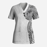 Hawaiian Traditional Tattoos Scrub Top Kakau Tribal Tropical Plant Motif White Color LT03 Adult White - Polynesian Pride