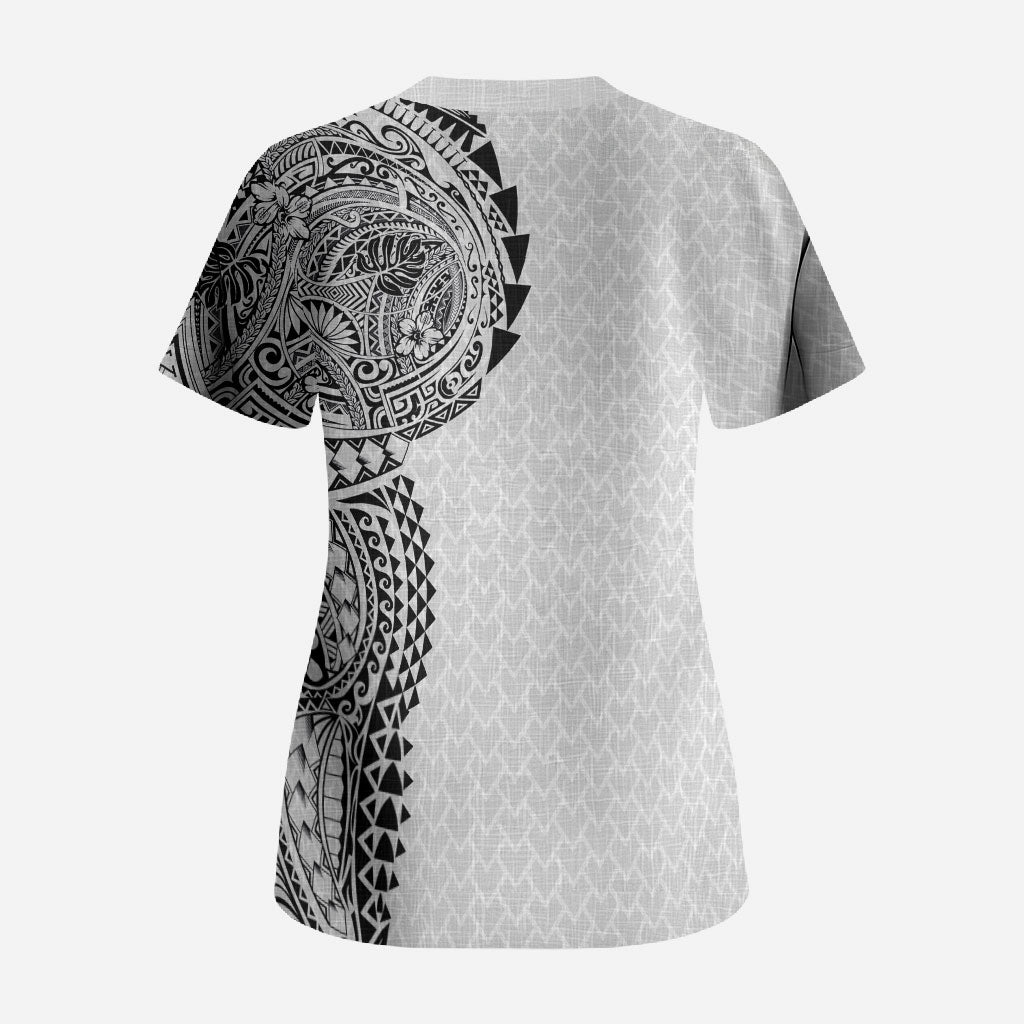 Hawaiian Traditional Tattoos Scrub Top Kakau Tribal Tropical Plant Motif White Color LT03 - Polynesian Pride