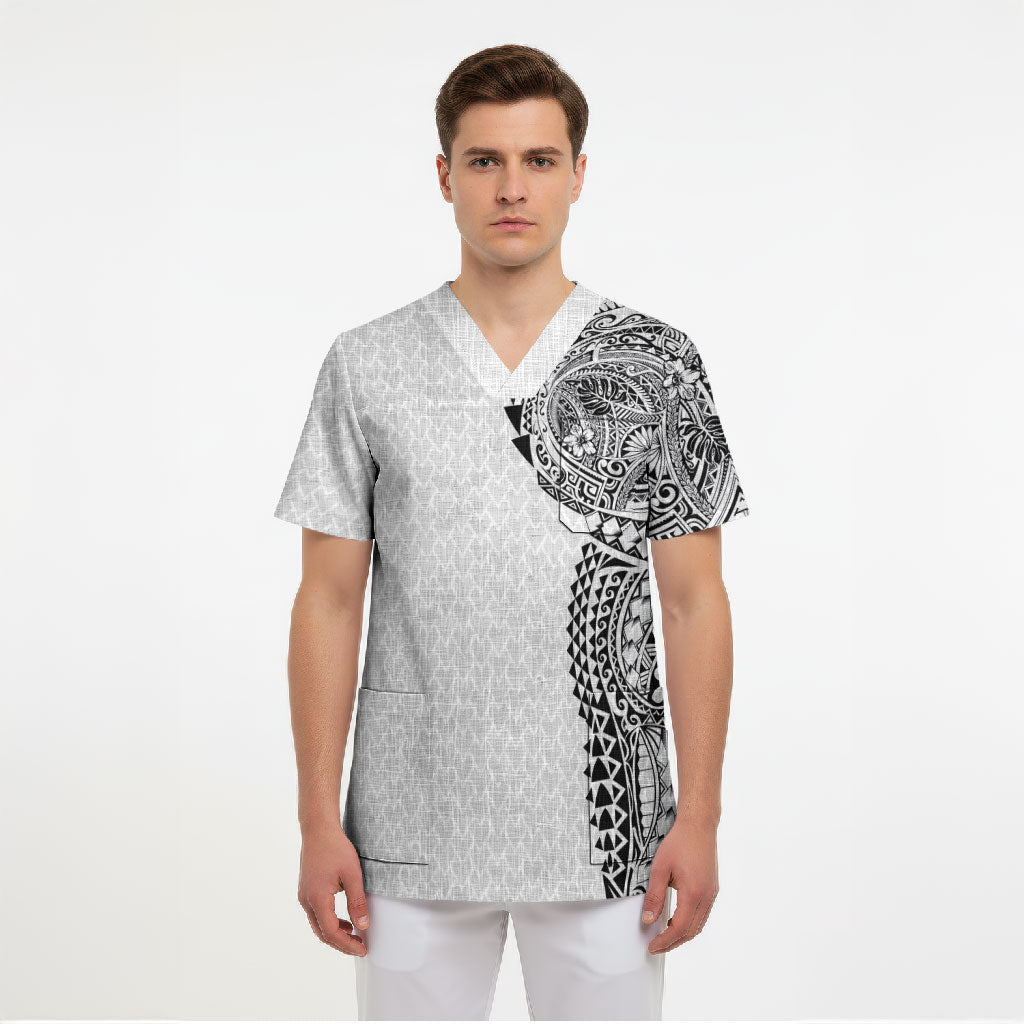 Hawaiian Traditional Tattoos Scrub Top Kakau Tribal Tropical Plant Motif White Color LT03 - Polynesian Pride