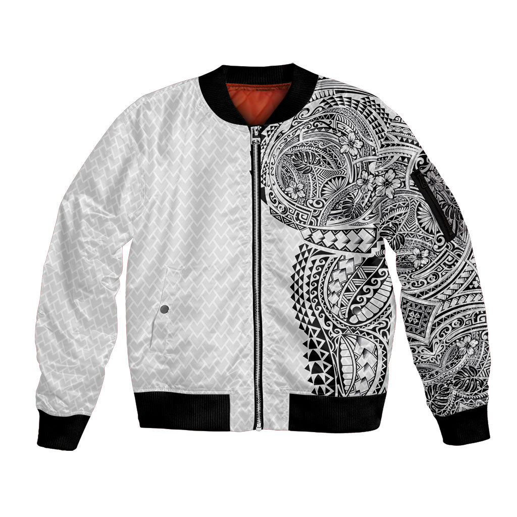 Hawaiian Traditional Tattoos Sleeve Zip Bomber Jacket Kakau Tribal Tropical Plant Motif White Color