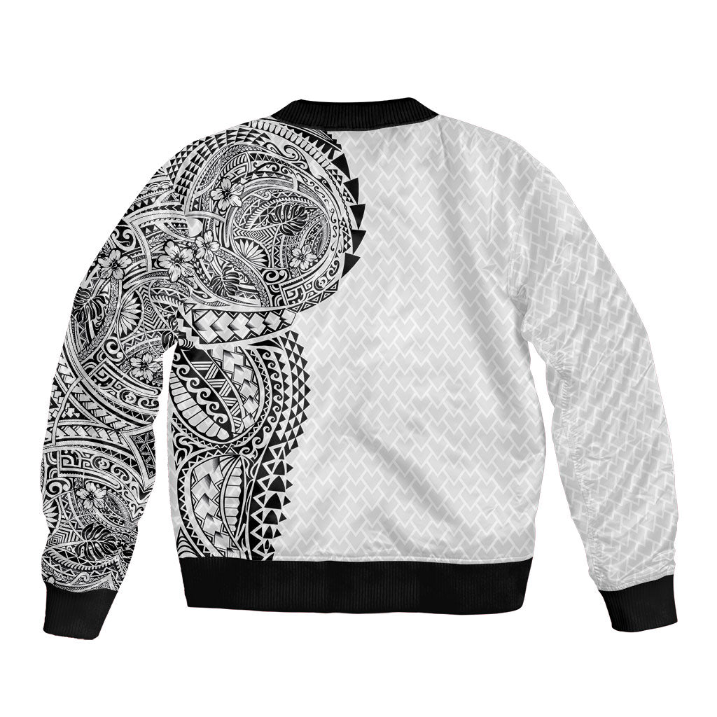Hawaiian Traditional Tattoos Sleeve Zip Bomber Jacket Kakau Tribal Tropical Plant Motif White Color LT03 - Polynesian Pride