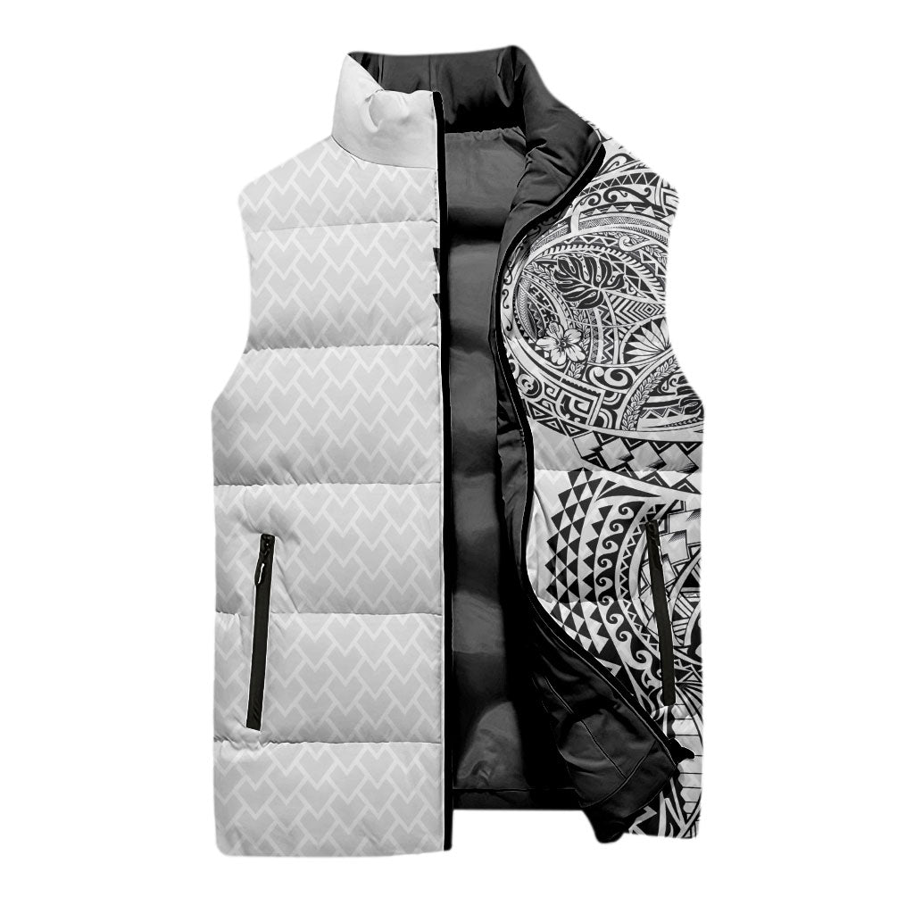 Hawaiian Traditional Tattoos Sleeveless Puffer Jacket Kakau Tribal Tropical Plant Motif White Color LT03 - Polynesian Pride