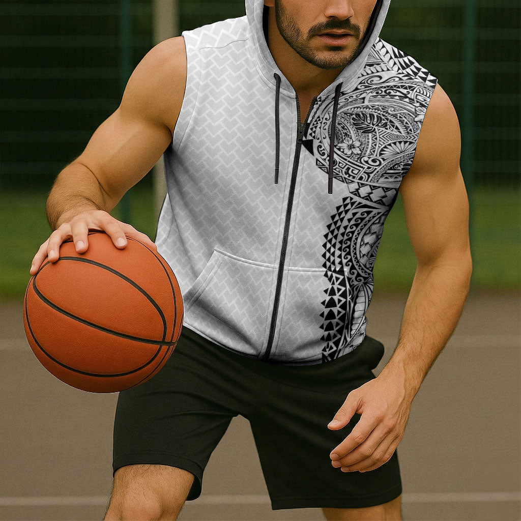 Hawaiian Traditional Tattoos Sleeveless Zip Hoodie Kakau Tribal Tropical Plant Motif White Color LT03 - Polynesian Pride