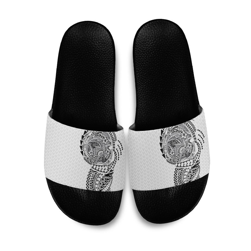 Hawaiian Traditional Tattoos Slide Sandals Kakau Tribal Tropical Plant Motif White Color