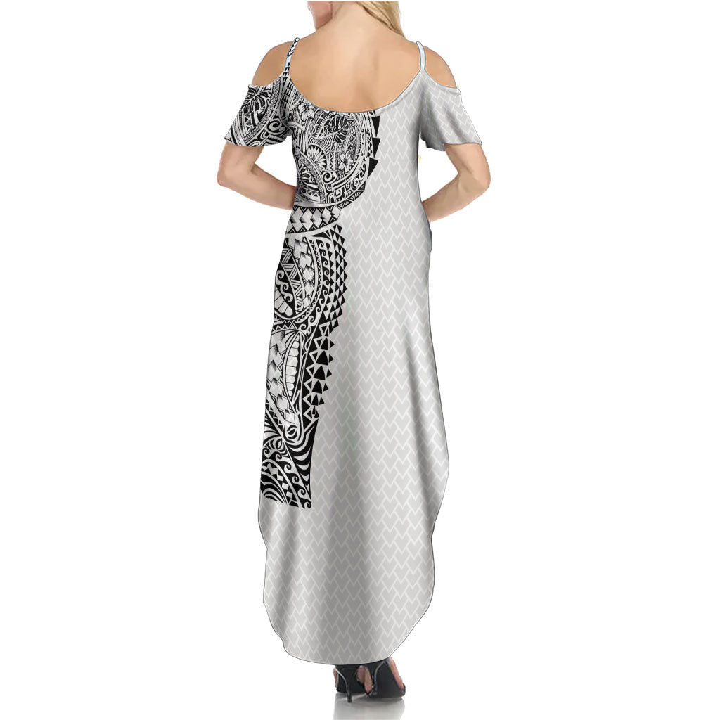 Hawaiian Traditional Tattoos Summer Maxi Dress Kakau Tribal Tropical Plant Motif White Color