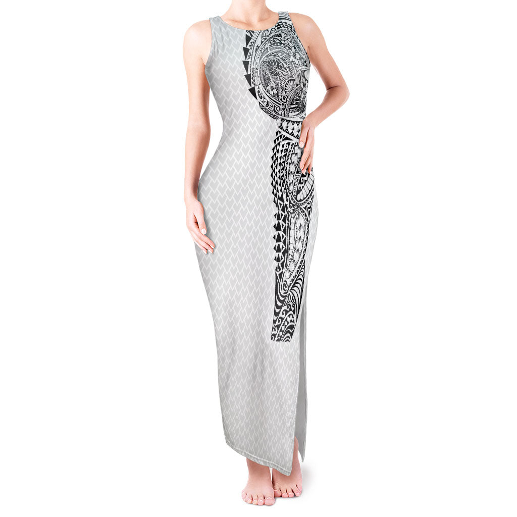 Hawaiian Traditional Tattoos Tank Maxi Dress Kakau Tribal Tropical Plant Motif White Color