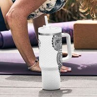Hawaiian Traditional Tattoos Tumbler With Handle Kakau Tribal Tropical Plant Motif White Color
