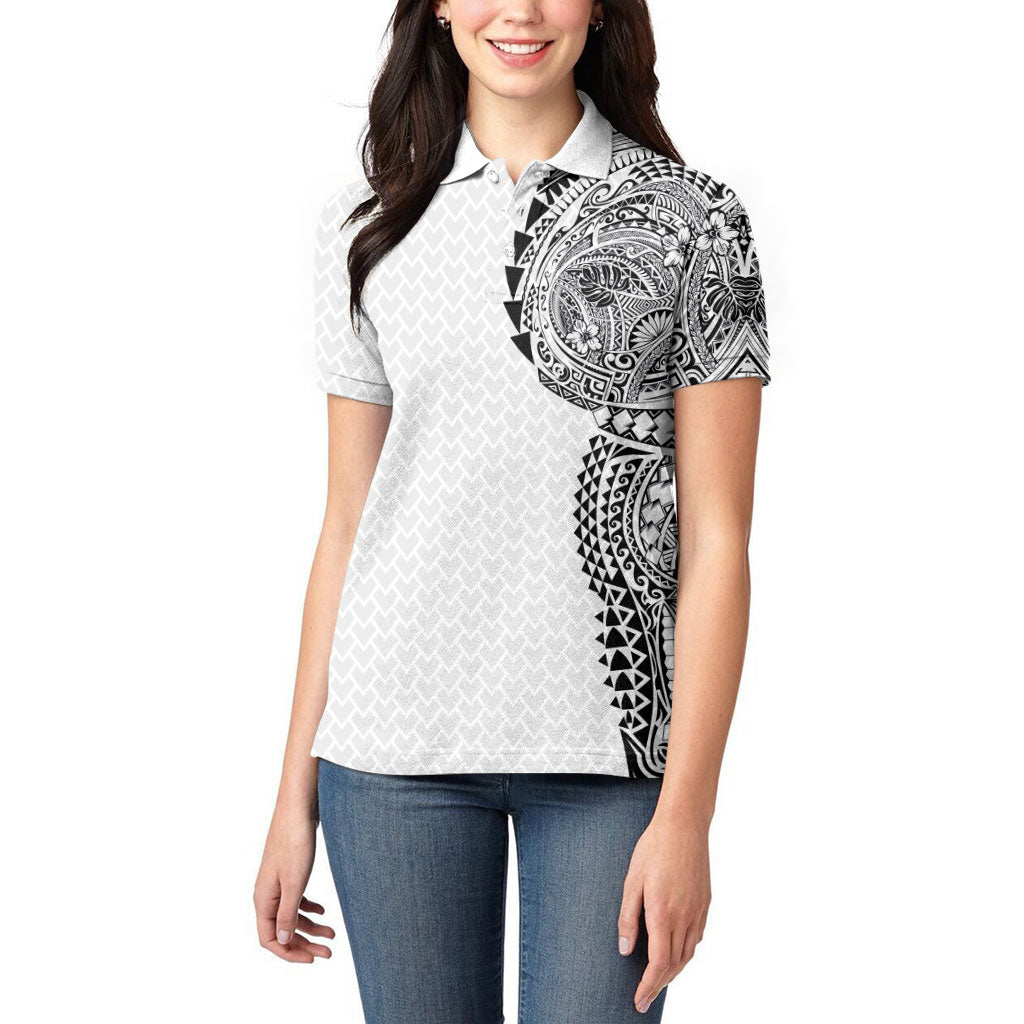 Hawaiian Traditional Tattoos Women Polo Shirt Kakau Tribal Tropical Plant Motif White Color LT03 - Polynesian Pride