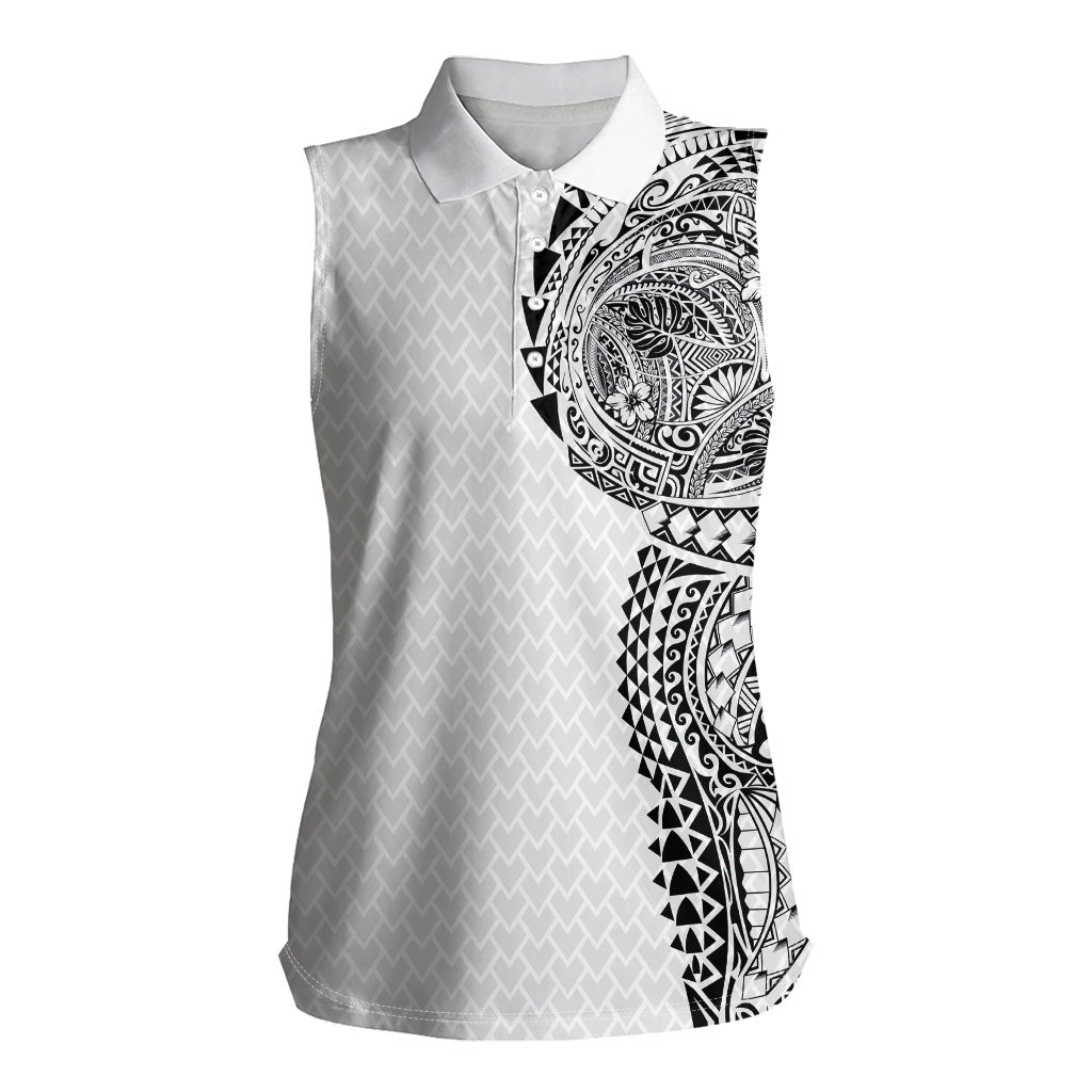 Hawaiian Traditional Tattoos Women Sleeveless Polo Shirt Kakau Tribal Tropical Plant Motif White Color