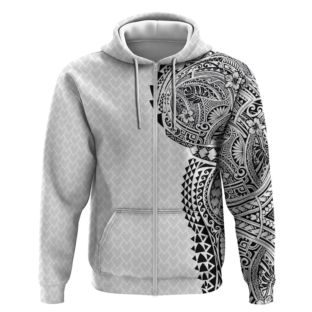 Hawaiian Traditional Tattoos Zip Hoodie Kakau Tribal Tropical Plant Motif White Color