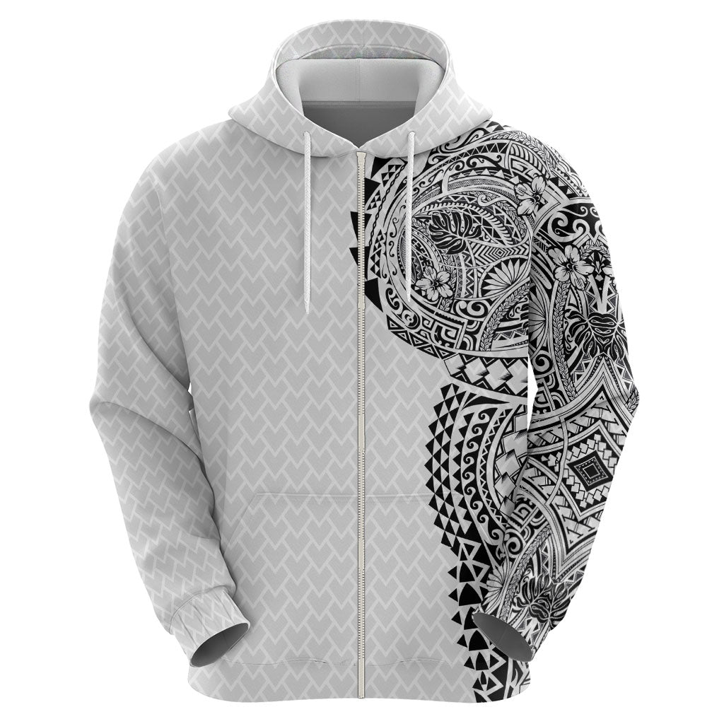 Hawaiian Traditional Tattoos Zip Hoodie Kakau Tribal Tropical Plant Motif White Color