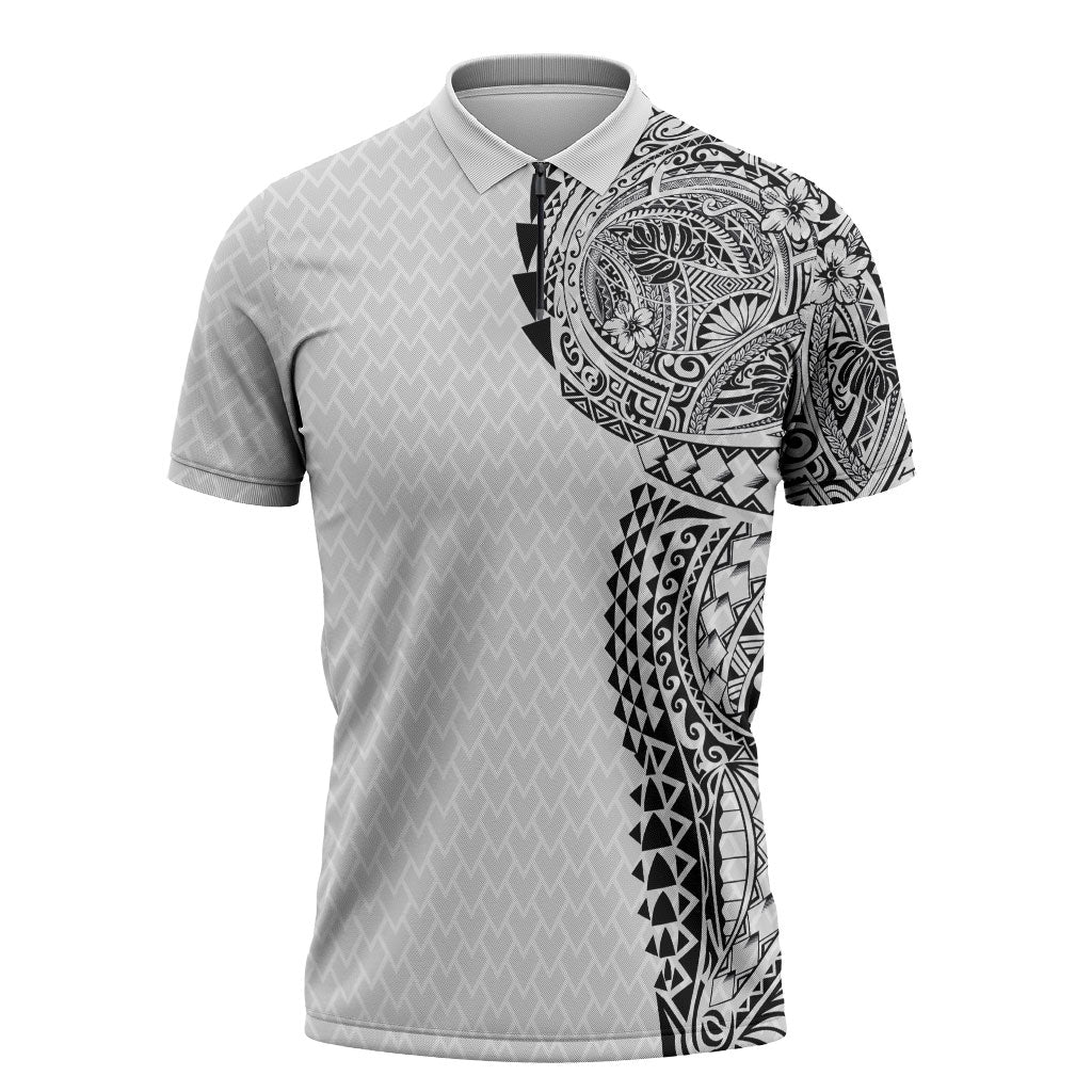 Hawaiian Traditional Tattoos Zipper Polo Shirt Kakau Tribal Tropical Plant Motif White Color LT03 White - Polynesian Pride