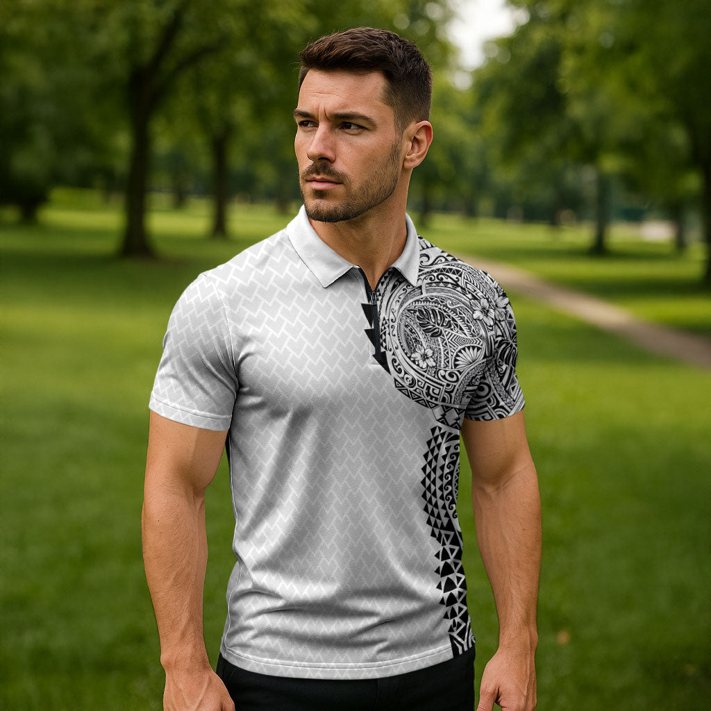 Hawaiian Traditional Tattoos Zipper Polo Shirt Kakau Tribal Tropical Plant Motif White Color LT03 - Polynesian Pride