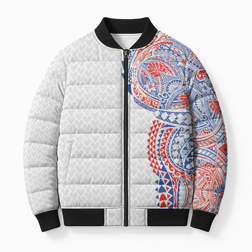 Hawaiian Traditional Tattoos Bomber Puffer Jacket Kakau Tribal Tropical Plant Motif Hawaii Flag Color Inspired