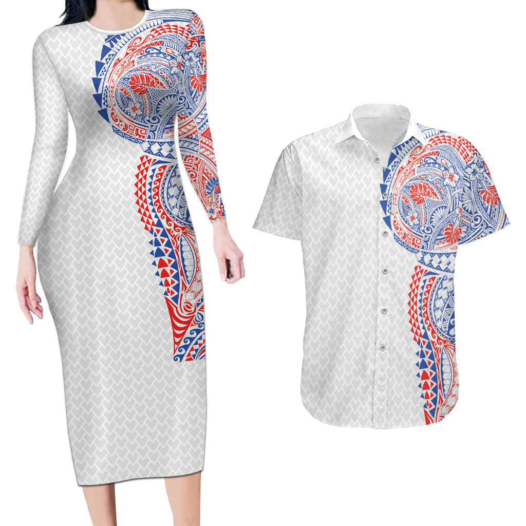 Hawaiian Traditional Tattoos Couples Matching Long Sleeve Bodycon Dress and Hawaiian Shirt Kakau Tribal Tropical Plant Motif Hawaii Flag Color Inspired