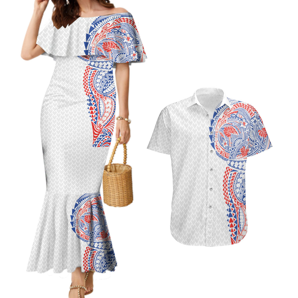Hawaiian Traditional Tattoos Couples Matching Mermaid Dress and Hawaiian Shirt Kakau Tribal Tropical Plant Motif Hawaii Flag Color Inspired LT03 Multicolor - Polynesian Pride