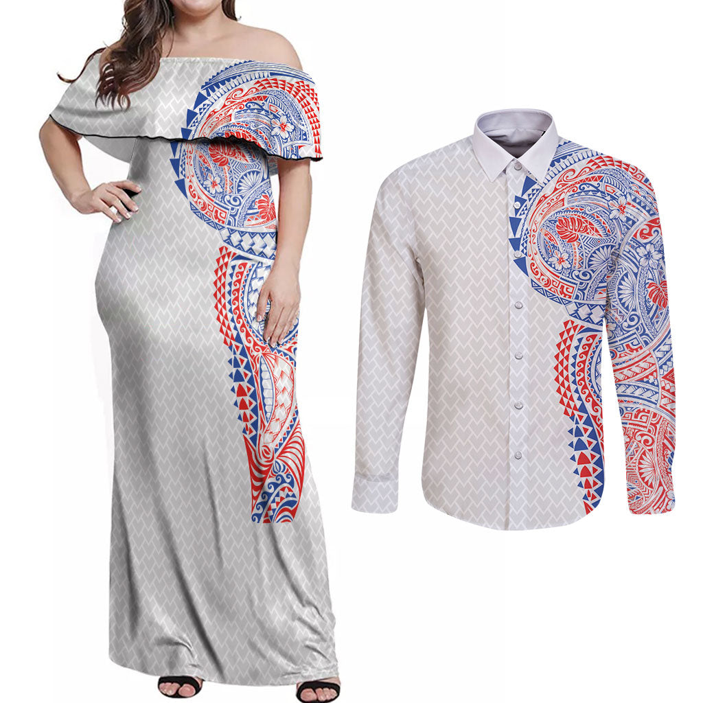 Hawaiian Traditional Tattoos Couples Matching Off Shoulder Maxi Dress and Long Sleeve Button Shirt Kakau Tribal Tropical Plant Motif Hawaii Flag Color Inspired