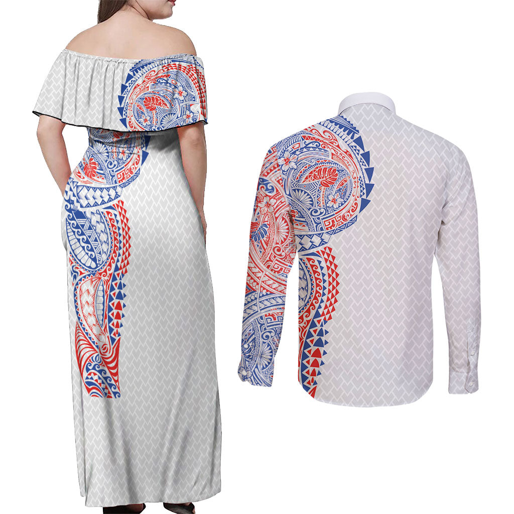 Hawaiian Traditional Tattoos Couples Matching Off Shoulder Maxi Dress and Long Sleeve Button Shirt Kakau Tribal Tropical Plant Motif Hawaii Flag Color Inspired LT03 - Polynesian Pride