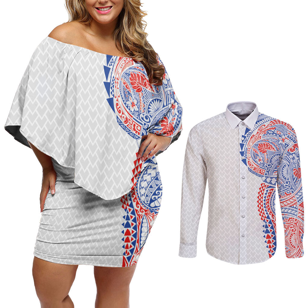 Hawaiian Traditional Tattoos Couples Matching Off Shoulder Short Dress and Long Sleeve Button Shirt Kakau Tribal Tropical Plant Motif Hawaii Flag Color Inspired
