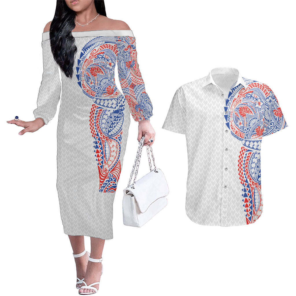 Hawaiian Traditional Tattoos Couples Matching Off The Shoulder Long Sleeve Dress and Hawaiian Shirt Kakau Tribal Tropical Plant Motif Hawaii Flag Color Inspired LT03 Multicolor - Polynesian Pride